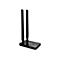 Schwarzer Asus WLAN-Adapter mit zwei ausklappbaren Antennen und leuchtender LED-Anzeige auf glänzendem Gehäuse.