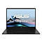 Schwarzes Laptop mit geöffnetem Bildschirm. Das ASUS-Logo und der Text 'Nur 1.2kg Gewicht' sind zu sehen.