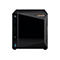 Schwarzer Asustor NAS-Server mit glänzender Frontplatte, leuchtenden Status-LEDs und USB-Anschluss.