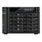 Schwarzer Asustor NAS-Server mit 10 Laufwerkseinschüben, LCD-Display und Statusleuchten vor weißem Hintergrund.