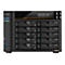 Schwarzer Asustor NAS-Server mit 10 Festplatteneinschüben und LCD-Display vor weißem Hintergrund.