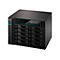 Schwarzer NAS-Server mit Laufwerksschächten. Auf einem Display steht: ASUSTOR NAS 192.168.1.12