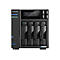 Schwarzer Asustor NAS-Server mit vier Festplatteneinschüben, LCD-Display und leuchtenden LEDs auf weißem Grund.