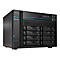 Schwarzer NAS-Server mit Einschüben für Festplatten, blau-grünen LEDs und einem Display mit IP-Adresse.