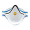 Weiße Atemschutzmaske mit blauen Bändern und einem Ventil. 3M-Logo sichtbar.