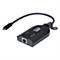 Schwarzer Aten USB-KVM-Adapter mit RJ45-Port, USB-C-Stecker und Status-LEDs vor weißem Hintergrund.