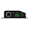 Schwarzes Gehäuse eines Netzwerkgeräts mit Ethernet-Port, Reset-Knopf, 3-poligem Anschluss und DC-Strombuchse.