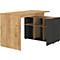 Houten hoekbureau met zwarte opbergruimte en planken.