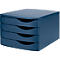 Dark blue drawer tower with four drawers. Each drawer handle is crescent-shaped.