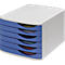 A grey file sorter with five blue drawers. Each drawer contains colored paper.