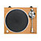 Plattenspieler mit Holzoptik-Gehäuse, schwarzem Plattenteller und silbernem Tonarm von oben betrachtet.