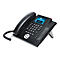 Schwarzes IP-Telefon mit Display, Tastenfeld und Telefonhörer auf hellem Hintergrund.