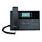 Schwarzes AGFEO IP-Tischtelefon mit Display, Ziffernblock und Hörer vor weißem Hintergrund.