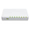 Weißes VoIP-Gateway mit acht grün leuchtenden Status-LEDs und Beschriftungen für Telefonanschlüsse.