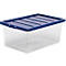 Transparente Aufbewahrungsbox mit blauem Deckel, verschlossen.