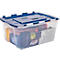 Transparente Kunststoffbox mit blauem Deckel, gefüllt mit Kleidung. Auf der Seite ein weißes Etikett.