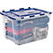 Transparente Aufbewahrungsbox mit blauem Deckel, gefüllt mit gefalteten Kleidungsstücken.
