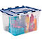 Transparente Aufbewahrungsbox mit blauem Deckel, gefüllt mit Reinigungsmitteln, Tüchern und Handschuhen.