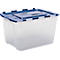 Transparente Kunststoffbox mit blauem Deckel und Verschlüssen.