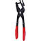 Schwarze Zange mit rotem Griff, einem Mechanismus und einem flachen, u-förmigen Kopf.