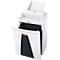 White paper shredder with open black container. The shredder has the red lettering "HSM".