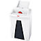 White paper shredder with red credit card. The brand is HSM. Control panel with symbols.