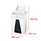 White shredder with dimensions. Paper feed at the top, dark door below. Dimensions: 740 mm high, 395 mm wide, 381 mm deep.
