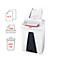 White paper shredder with red details. Infographic shows 6-7 sheets, 150 sheet autofeed, 432 A4 sheet capacity.