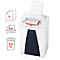 White paper shredder with open flap. Documents labeled "CONFIDENTIAL" are being shredded. Graphics with info next to it.