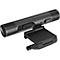 Schwarze zylindrische Webcam mit integriertem Standfuß und USB-C-Anschluss vor weißem Hintergrund.