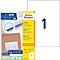 A package of Avery Zweckform universal labels with the number 1. Next to it an example of a printed envelope.