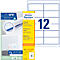 Product packaging of Avery Zweckform labels, white, with blue logo and text. To the right, a sheet of labels.