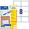 A pack of Avery Zweckform universal labels with 8 labels on a white background. Prints: "ultragrip", "Multi-usages" and "Alle Drucker"