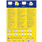 Advertising flyer for labels. Application examples and products on a yellow background.