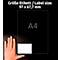 A hand holding a transparent A4 paper. A rectangular white label is on the bottom right. The inscription "Größe Etikett / Label size: 97 x 67,7 mm" is at the top.