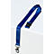 Blauwe lanyard met zwarte sluiting en metalen haak op een witte achtergrond, met tekst 10 Lanyards.