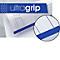 Product with ultragrip lettering, detail view shows structure. Blue banner, text and close-up of structure.