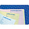 Close-up of receipts and delivery notes. Blue logo, pink, yellow, and white notepads.