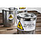 Three metal containers with hazardous substance symbols, misted with water, on a wooden board.