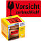 Yellow box with red label "Handle with care fragile!". Above is a red warning sign with a broken glass.