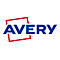 Blaues Logo der Marke Avery mit einem leicht geneigten roten Quadrat.