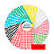 Buntes Sortiment an runden Etiketten. Geordnet nach Farben, darunter blau, grün, gelb, rot, rosa und weiß. Auf rotem Feld: 3.328 Punkte.