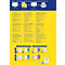 Yellow and blue poster with text and icons. Top: "Design and print your labels easily!". Below are different label options.