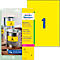 Yellow Avery Zweckform labels with a warning symbol on metal barrels. Next to it, yellow sheet with large blue "1".