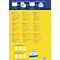 Yellow flyer with product information, text in various languages, and label examples.