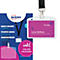 Avery naambadge met koord, roze inlegvel met tekst Lucie Delbois, Directrice Marketing, voor productverpakking.