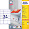 Ein Etikettenpaket der Marke Avery Zweckform mit 24 Etiketten auf weißem Hintergrund. Daneben sind 24 Etiketten als Beispiel abgebildet.