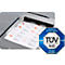 A printer printing address labels. The TÜV SÜD logo is in the picture.