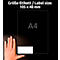 A hand rests on a black surface on which a white rectangle and a transparent rectangle are visible. Above it is written in white: Size label / Label size: 105 x 48 mm. A4 is in the transparent rectangle.