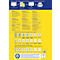 Blue and yellow advertising poster for labels. Various label designs and examples of use, as well as icons for printing and design processes.